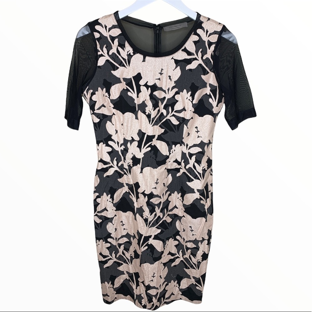 D.EXTERIOR Floral Print Cocktail Dress Black/Blush With Mesh Sleeves Pink Medium